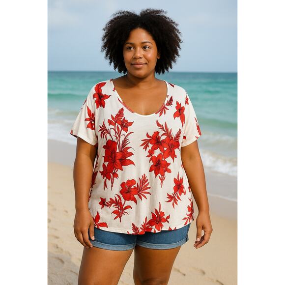 Lane Bryant Red and White tropical Short Sleeve knit Blouse top 22 24 plus size - Picture 1 of 6